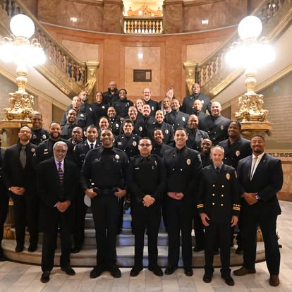 Officers gathered on the grand staircase
